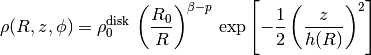 \rho(R,z,\phi) = \rho_0^{\rm disk}\,\left(\frac{R_0}{R}\right)^{\beta - p}\,\exp{\left[-\frac{1}{2}\left(\frac{z}{h(R)}\right)^2\right]} \\