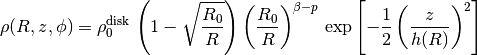 \rho(R,z,\phi) = \rho_0^{\rm disk}\,\left(1 - \sqrt{\frac{R_0}{R}}\right)\left(\frac{R_0}{R}\right)^{\beta - p}\,\exp{\left[-\frac{1}{2}\left(\frac{z}{h(R)}\right)^2\right]} \\